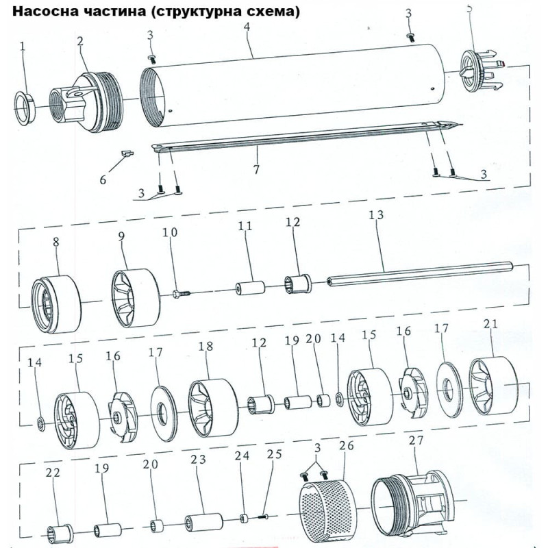 Насос Dongyin 777125 Відцентровий 1.5кВт H 176(140)м Q 55(33)л/хв Ø102мм (4SDm2/25)